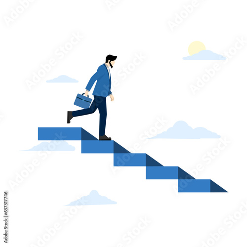 Corporate CEO retirement concept, retirement from job or career, successful businessman going down stairs after achieving all goals in his life. flat vector illustration on a white background.
