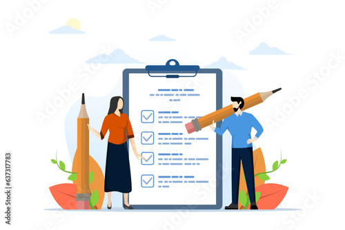 task checklist concept, clipboard with task list tick mark, task management to track job completion, achievement, survey or questionnaire, business man with pencil checklist and clipboard.