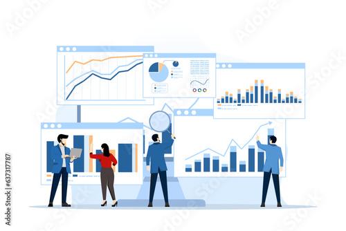 analytics and monitoring concept, business team on web reporting dashboard monitoring, and data analysis research for business financial planning. flat vector illustration design on white background.