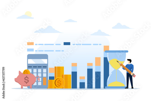 financial planning concept, investment or wealth management, saving money or income and salary, budgeting plan for expenses, debt and taxes, woman planning her savings with piggy bank growth chart.
