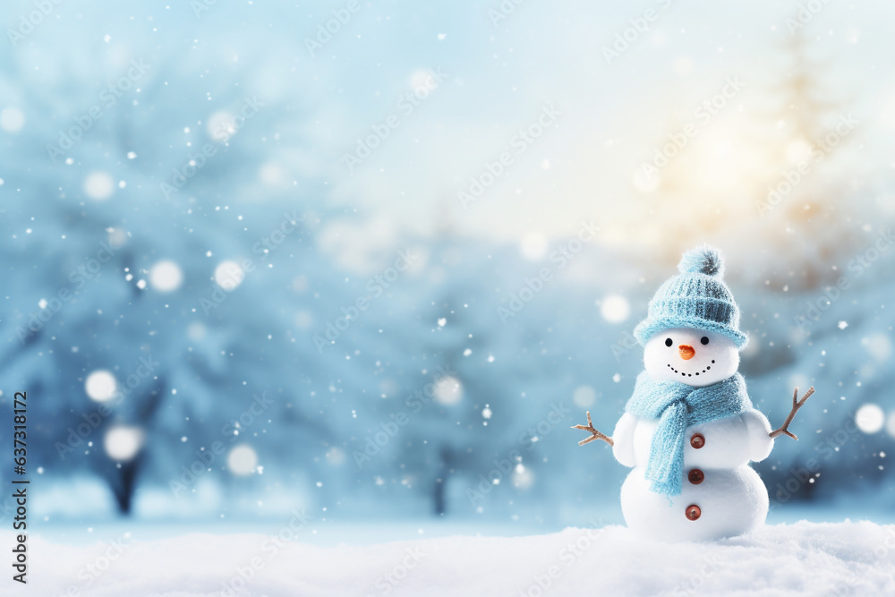 Merry christmas and happy new year greeting card with copy-space.Happy snowman standing in winter christmas landscape. AI Generative