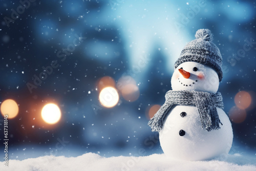 Merry christmas and happy new year greeting card with copy-space.Happy snowman standing in winter christmas landscape. AI Generative