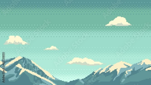 Pixel art animation of moutains with clouds. Animated background video. Landscape for retro video game or application.