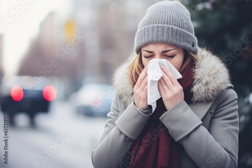 Frau mit einer Erkältung draußen mit Taschentuch im Herbst und Winter. Darstellung von Schnupfen oder einer Grippe im Alltag. Nase putzen bei kaltem Wetter. 