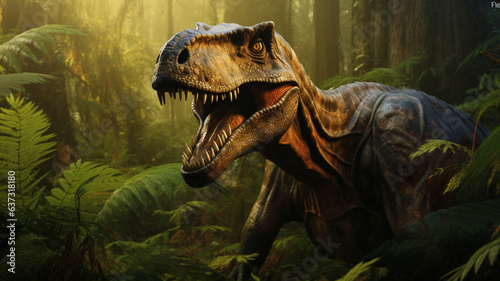 Dinosaurs tyrannosaur rex in the primeval forest, created with generative ai. © ImageFusion