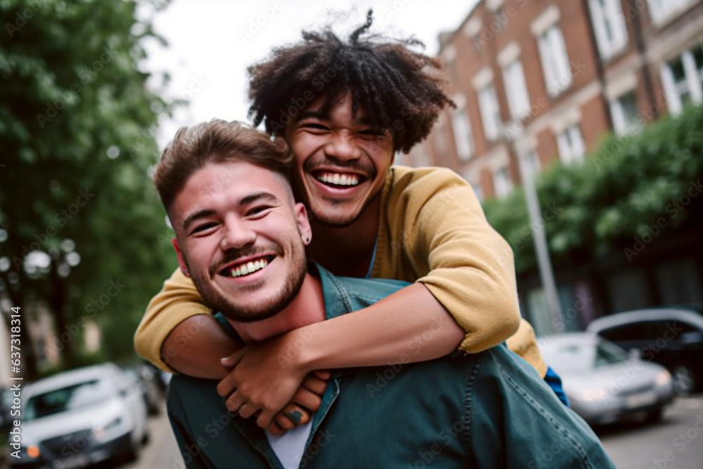 Smiling man hugging boyfriend in the city. Smiling man hugging boyfriend in the city.