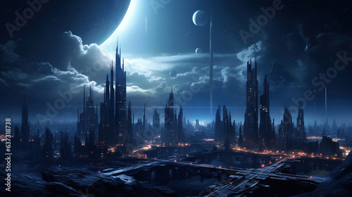 Futuristic City with a Large Planet in the Background. Generative Ai