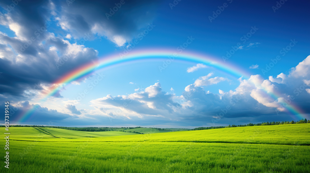 Rainbow in the Sky Over Green Field.Generative Ai Rainbow in the Sky Over Green Field.Generative Ai