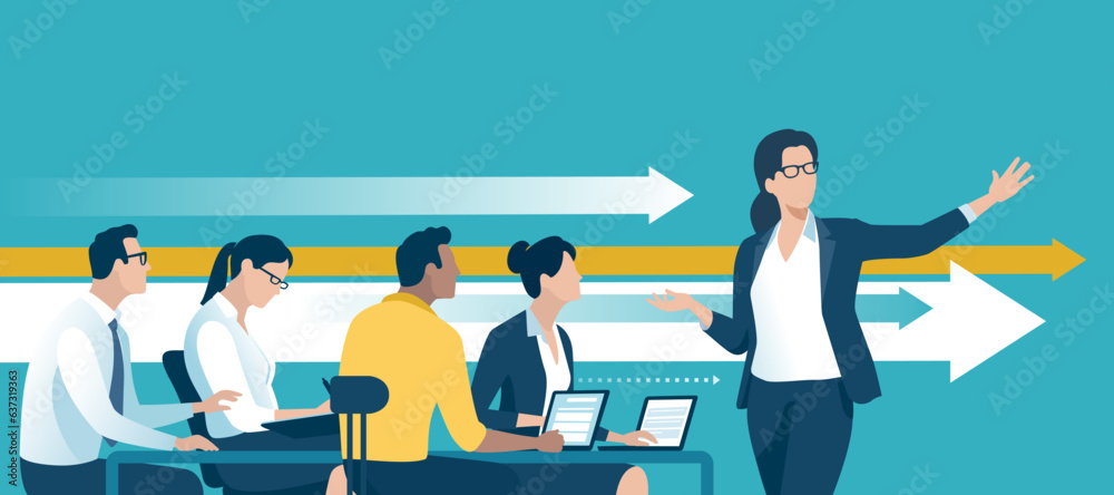 © bizvector - Vision. A female leader points forward presents his vision and motivates colleagues. Progress. Vector illustration © bizvector - Vision. A female leader points forward presents his vision and motivates colleagues. Progress. Vector illustration