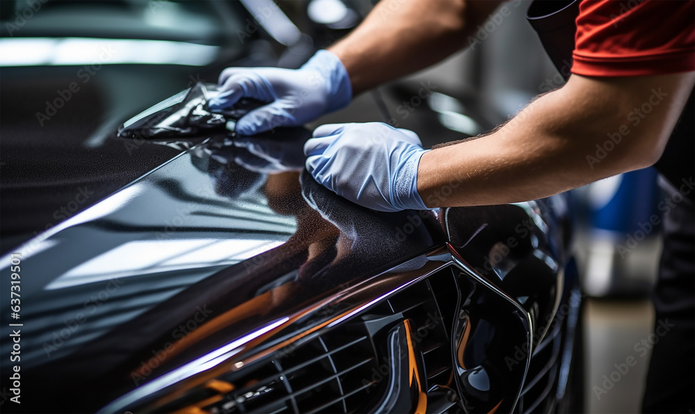 A man meticulously cleaning a car with a microfiber cloth A man meticulously cleaning a car with a microfiber cloth