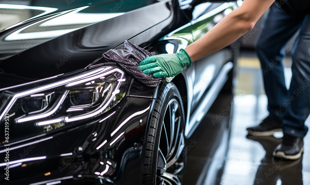 A man meticulously cleaning a car with a microfiber cloth - obrazy, fototapety, plakaty 