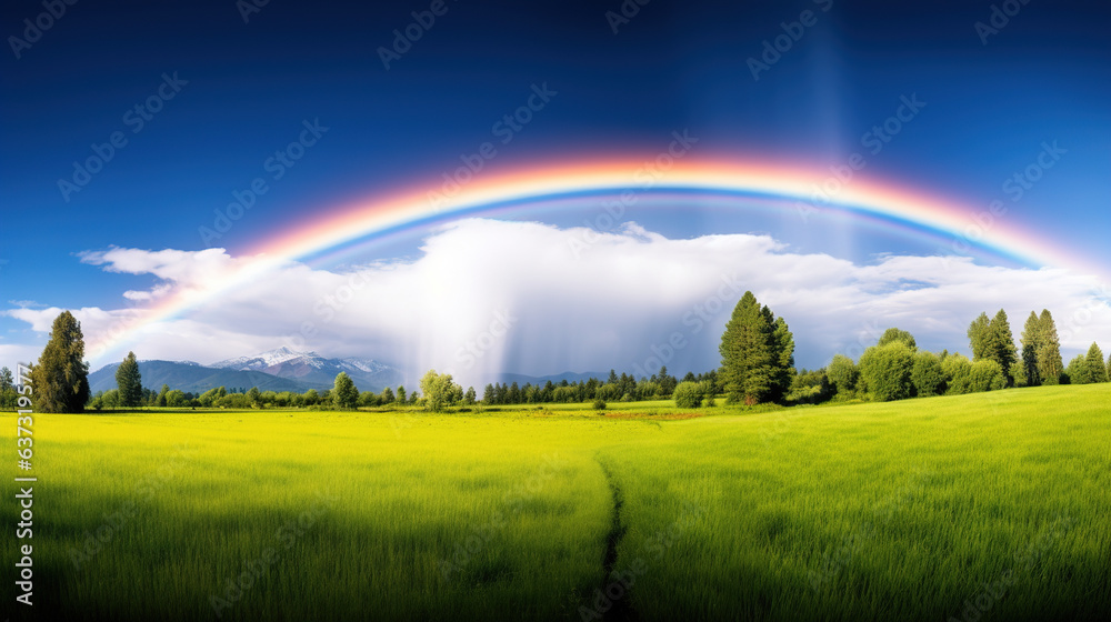 Rainbow in the Sky Over Green Field.Generative Ai Rainbow in the Sky Over Green Field.Generative Ai