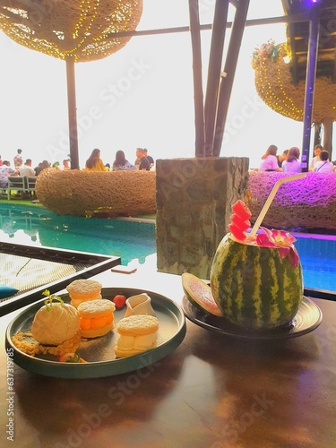 Watermelon juice and sweets in the cafe