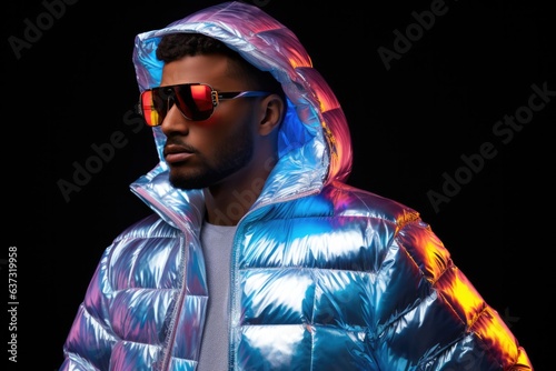 A Man In A Short Foil Puffer With Holographic Gradien . Holographic Foil Fashion, Mens Short Puffer Style, Styling On A Budget, Futurism In Everyday Wear photo
