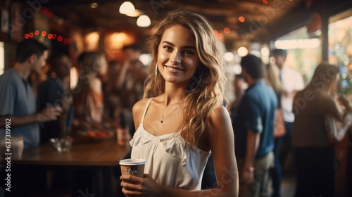 A young smiling woman with a cup of coffee at a party. Generative AI © Irina