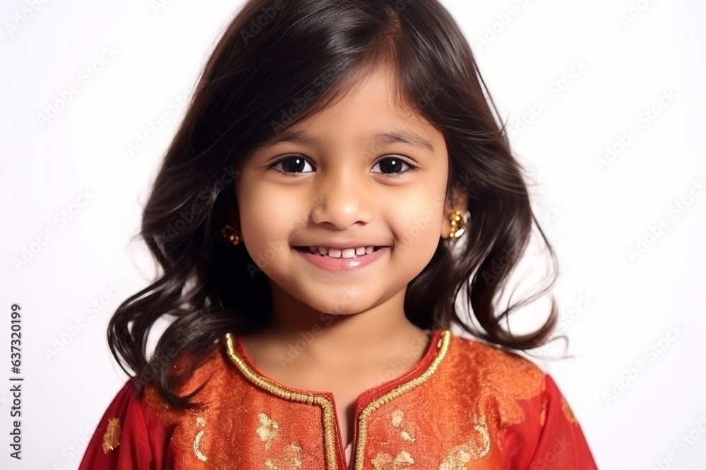 Medium shot portrait of an Indian child female wearing salwar kameez against a white background Medium shot portrait of an Indian child female wearing salwar kameez against a white background