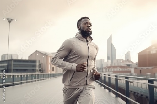 African Man Run In A Tracksuits On City Background . photo