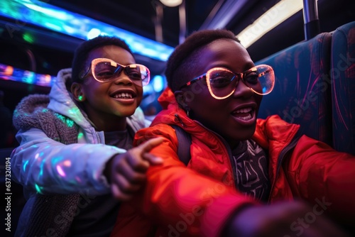 African Mother And Son Jump In A Holographic Puffer On On A Train.
