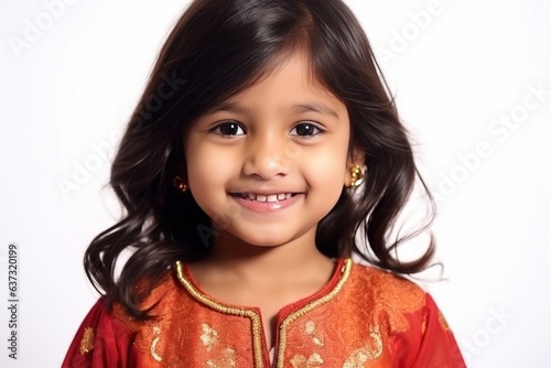 Medium shot portrait of an Indian child female wearing salwar kameez against a white background photo