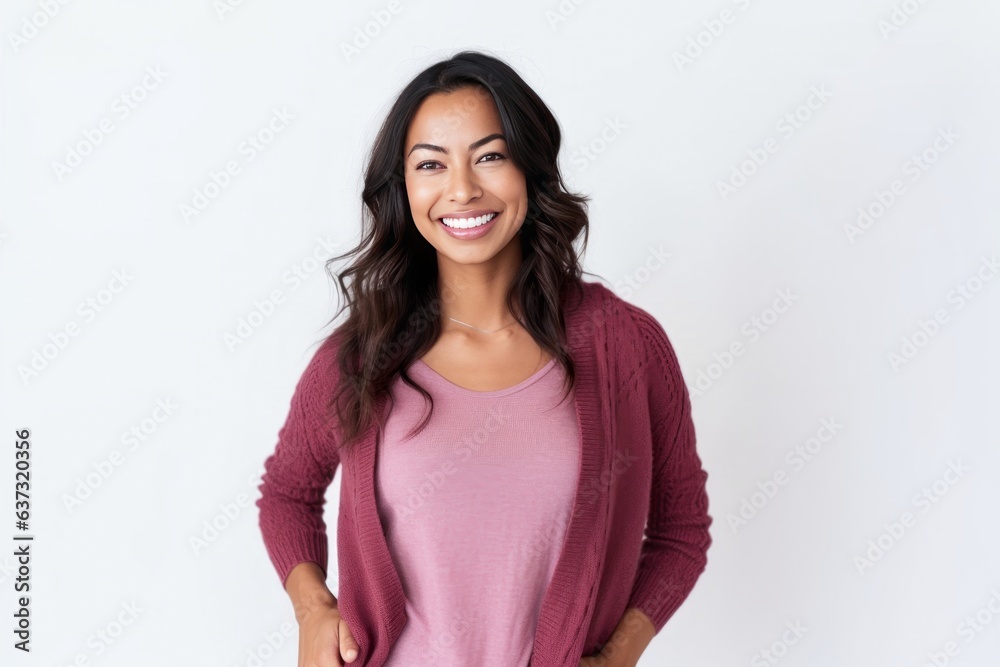 Lifestyle portrait of an Indian woman in her 30s against a white background Lifestyle portrait of an Indian woman in her 30s against a white background