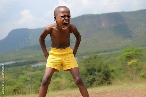 Anger African Boy In A Yellow Shorts On Nature Landscape Background. Anger, African Boys, Yellow Shorts, Nature Landscapes
