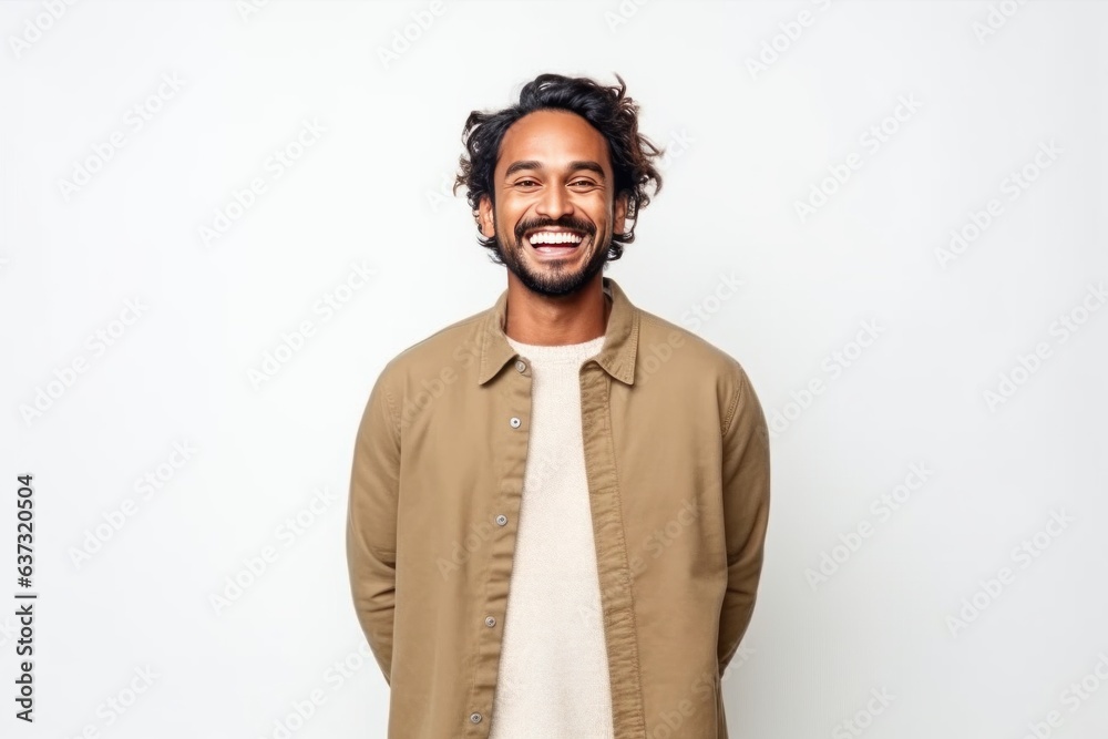 Medium shot portrait of an Indian man in his 30s against a white background