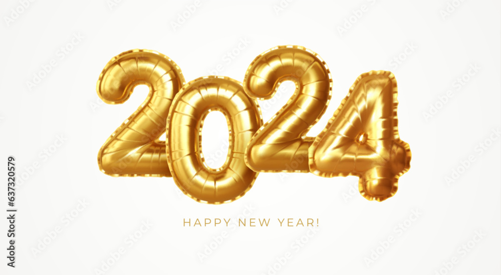 Happy New Year 2024 golden number balloons gift. Calendar header, greetings, Happy New Year 2024 greeting cards. 3d vector realistic illustration Happy New Year 2024 golden number balloons gift. Calendar header, greetings, Happy New Year 2024 greeting cards. 3d vector realistic illustration