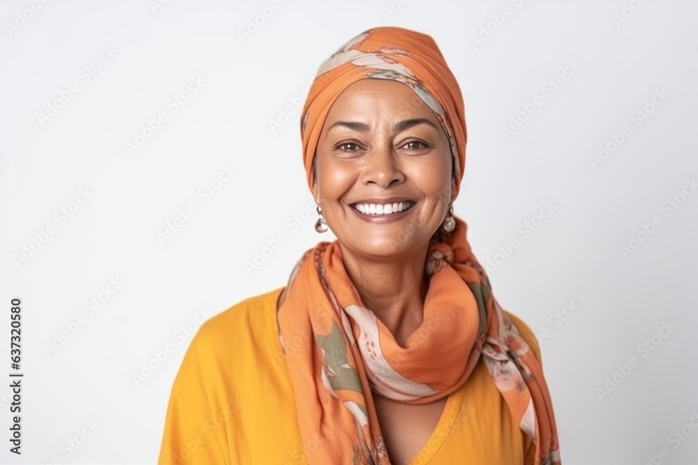 Medium shot portrait of an Indian woman in her 50s wearing a foulard against a white background Medium shot portrait of an Indian woman in her 50s wearing a foulard against a white background