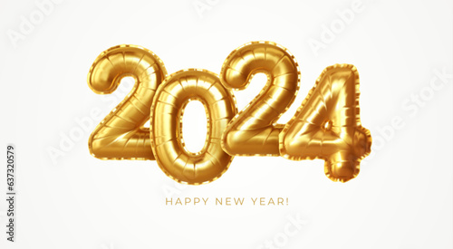 Happy New Year 2024 golden number balloons gift. Calendar header, greetings, Happy New Year 2024 greeting cards. 3d vector realistic illustration