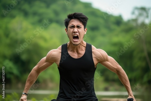 Anger Asian Man In A Black Tank Top On Nature Landscape Background . Anger Management, Asian American Representation, Fashion Statement, Natures Beauty