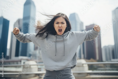 Anger Asian Woman In A Gray Sweatshirt On City Background . Representation Of Asian Women In Media, Reactions To Misrepresentation, Effects Of Living In A Big City