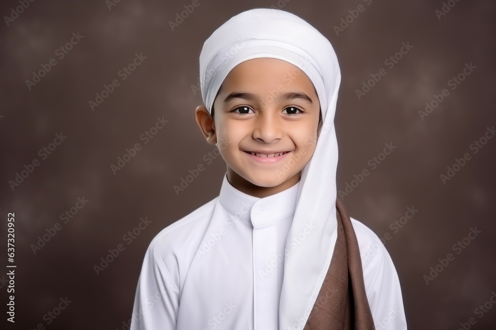 Medium shot portrait of an Indian child male wearing hijab in a minimalist background Medium shot portrait of an Indian child male wearing hijab in a minimalist background