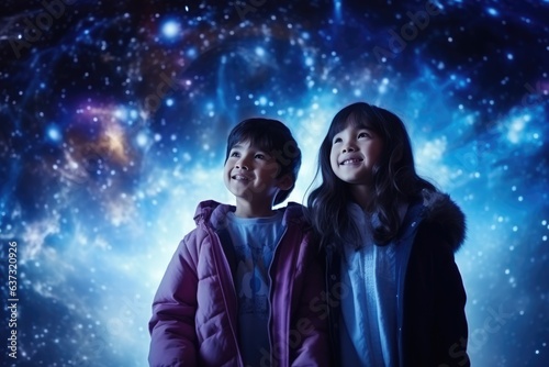 Asian Boy And Girl Stand In A Holographic Puffer On Galaxy Stars Background .