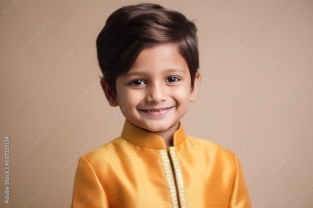Medium shot portrait of an Indian child female wearing sherwani in a minimalist background