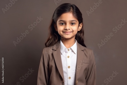 Medium shot portrait of an Indian child female wearing a classic blazer in a minimalist background