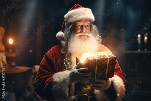 Santa Clause mit einem magischen Geschenk. Der Weihnachtsmann bring ein geheimnisvolles Geschenk.