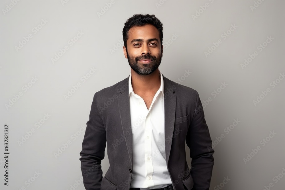 Medium shot portrait of an Indian man in his 30s in a minimalist background