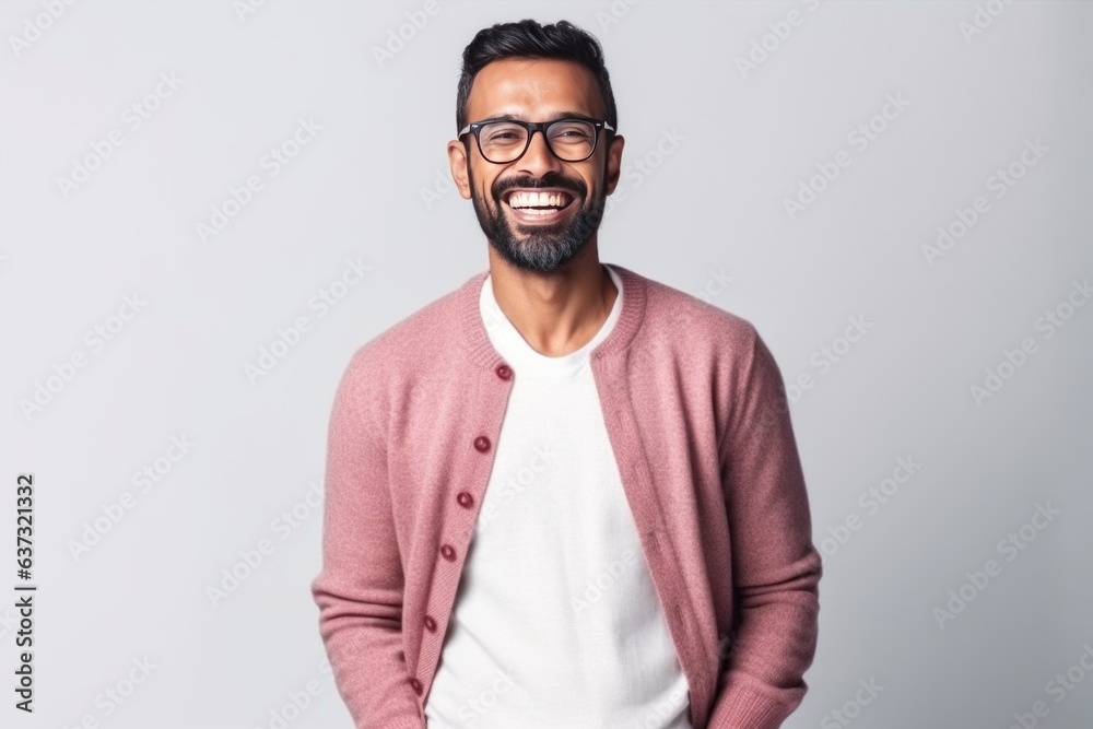 Medium shot portrait of an Indian man in his 30s in a minimalist background Medium shot portrait of an Indian man in his 30s in a minimalist background