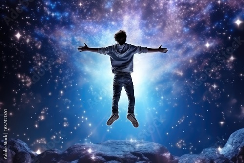 Boy Jump In A Holographic Puffer On Galaxy Stars Background . Holographic Puffer Games, Exploring Virtual Galaxies, Owning The Night Sky, Unlocking Interdimensional Adventure © Ян Заболотний