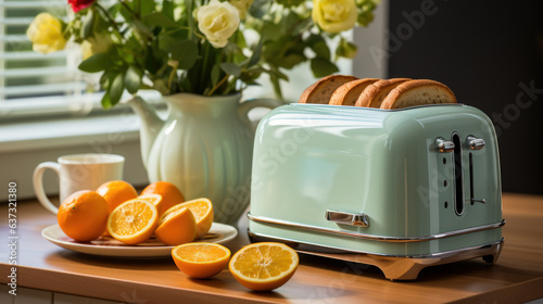 Turquoise toaster and oranges in the interior of a retro kitchen.