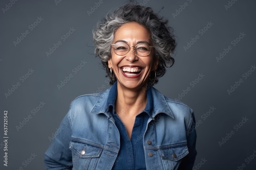Medium shot portrait of an Indian woman in her 50s wearing a denim jacket in a minimalist background Medium shot portrait of an Indian woman in her 50s wearing a denim jacket in a minimalist background