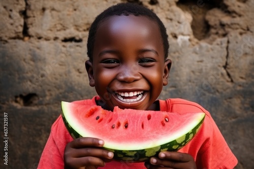 Happiness African Boy Holds And Eats Watermelon On Brick Wall Background . Happiness, Smiling African Boys, Nutrition, Food Photography