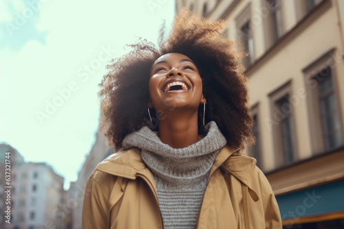Happiness African Woman In A Beige Jeans On City Background . Happiness, African Women, Beige Jeans, City Life photo