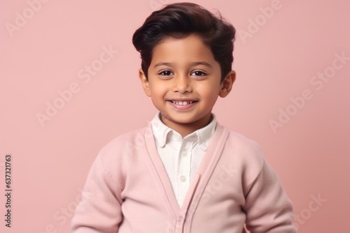 Portrait of a cute little boy in a pink jacket on a pink background