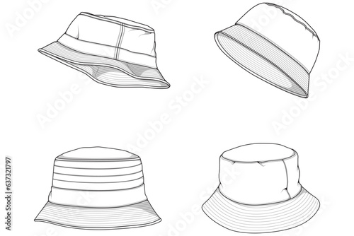 set of bucket hat outline drawing vector, bucket hat in a sketch style,  template outline for training, vector Illustration.