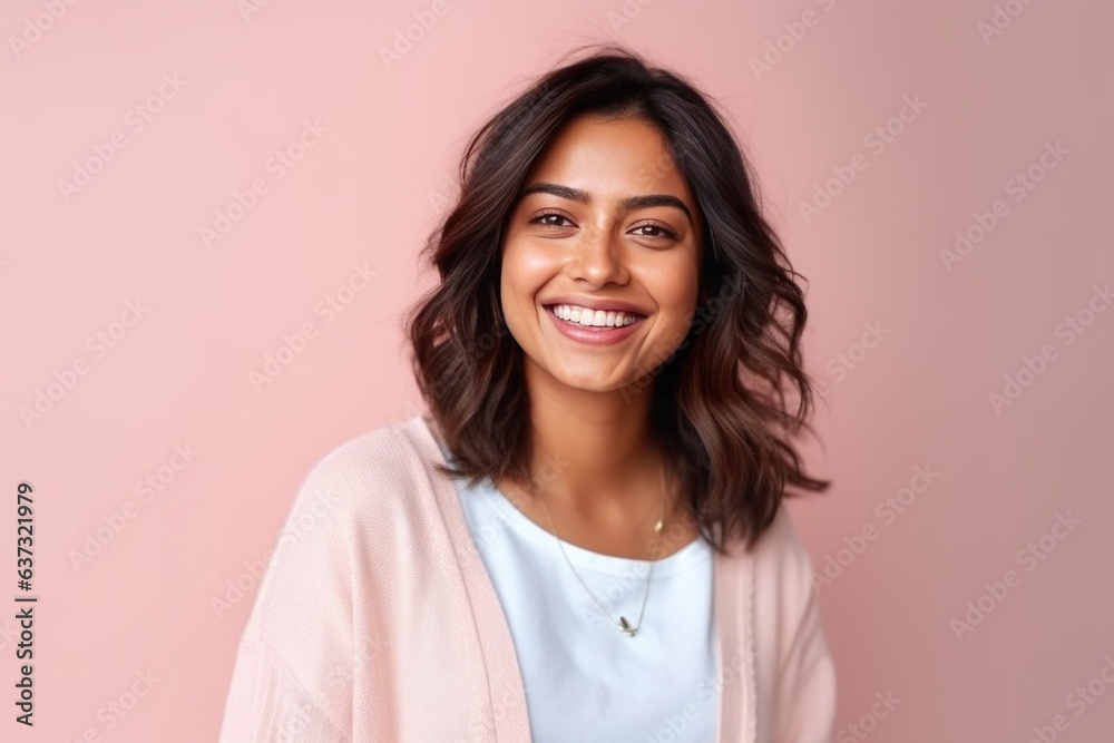 Portrait of a beautiful young woman smiling at the camera on a pink background Portrait of a beautiful young woman smiling at the camera on a pink background