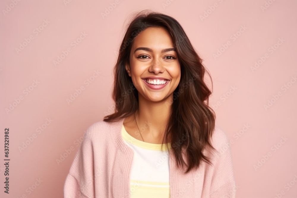 Portrait of a beautiful young woman smiling at camera isolated over pink background