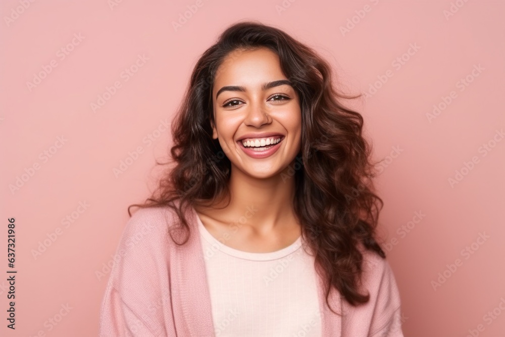 Portrait of a beautiful young woman laughing and looking at camera isolated over pink background Portrait of a beautiful young woman laughing and looking at camera isolated over pink background