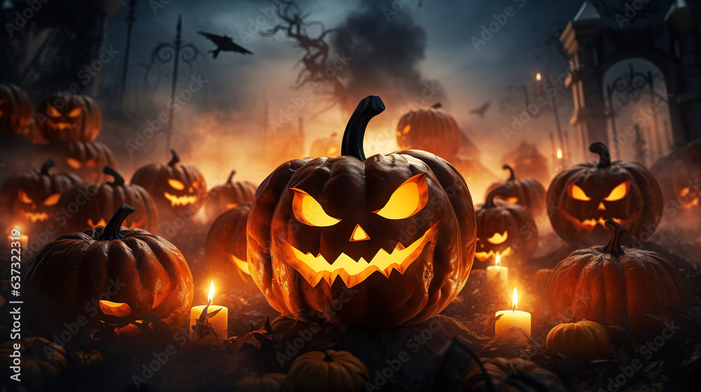 Naklejka premium Halloween Pumpkins in the Woods.Generative Ai