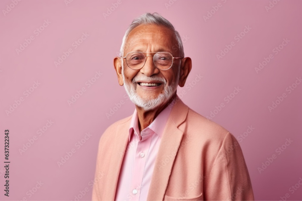 Medium shot portrait of an Indian man in his 80s in a colorful background